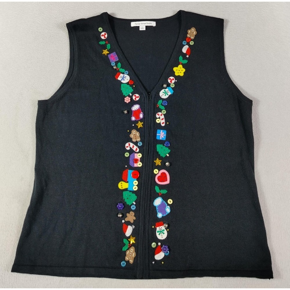 Mercer Street Studio Sweater Vest Womens‎ Large Black Christmas Teacher Holiday